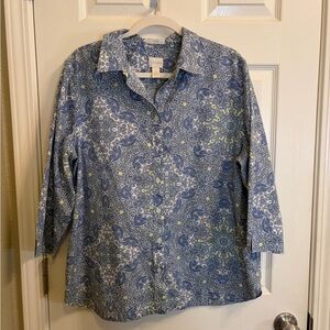 Chico's Intricate Blue and White Paisley Shirt Cotton 3/4 Button Down XL EUC